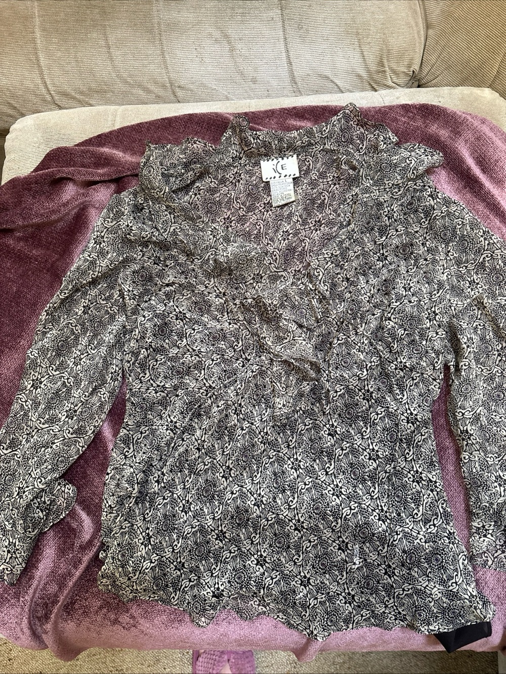 Black and Cream Patterned Silk Blouse